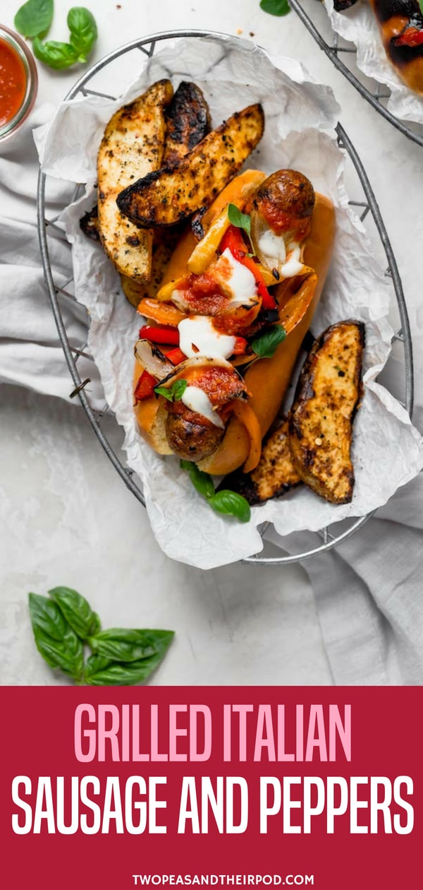 Grilled Italian Sausage and Peppers served in a bun with onions, marinara sauce, melty mozzarella cheese, and fresh basil! This easy grilled meal only takes 30 minutes to make! #summer #grilling #grilled #sausage #dinner #easyrecipe #cheese #peppers Visit twopeasandtheirpod.com for more simple, fresh, and family friendly meals.