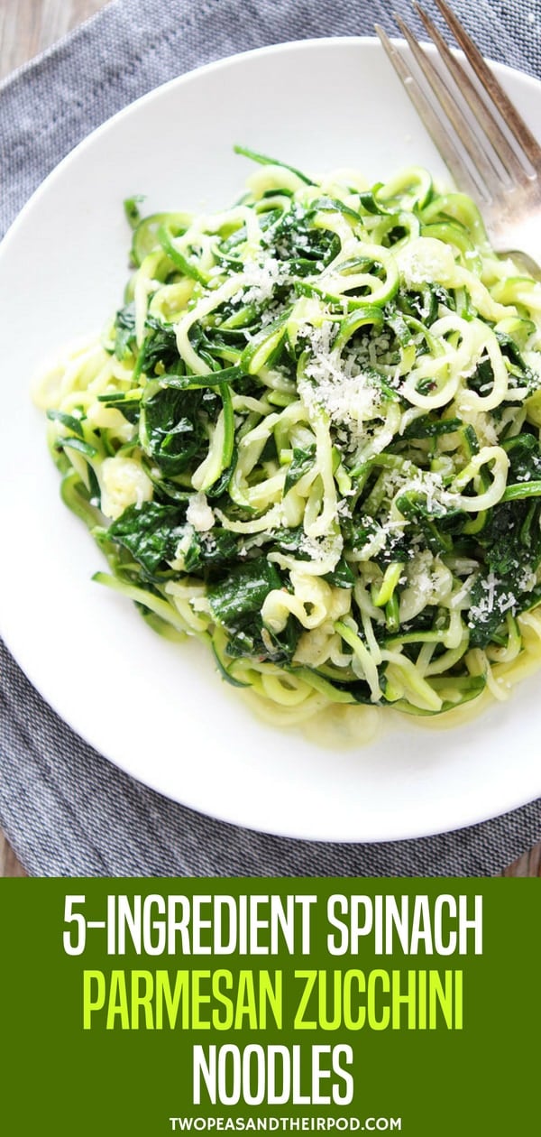 Ingredient Spinach Parmesan Zucchini Noodles - you only need 5 ingredients and 20 minutes to make this easy and healthy zucchini noodle dish your whole family will love! #zucchini #noodles #healthyeating #healthy #healthy recipes Visit twopeasandtheirpod.com for more simple, fresh, and family friendly meals.