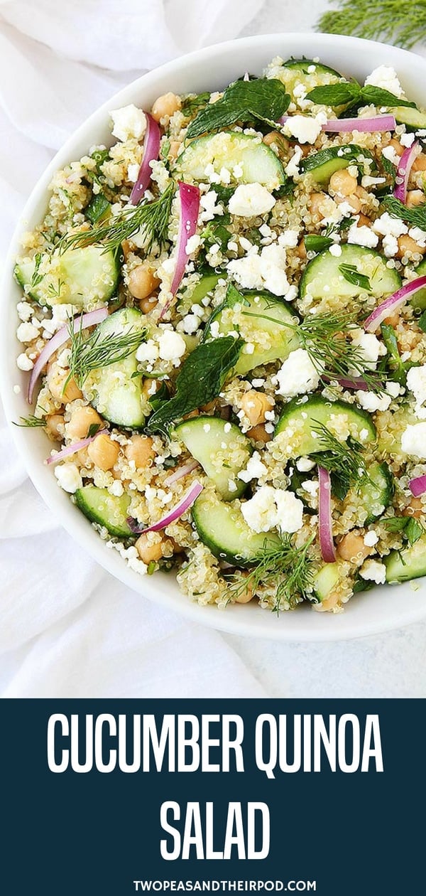 Cucumber Quinoa Salad with chickpeas, fresh herbs, feta cheese, and a simple lemon dressing is a great healthy side dish that goes great with any meal. #salad #quinoa #chickpeas #glutenfree #vegetarian #cucumber #summer #easyrecipe #healthyrecipe Visit twopeasandtheirpod.com for more simple, fresh, and family friendly meals. #familyfriendlymeals