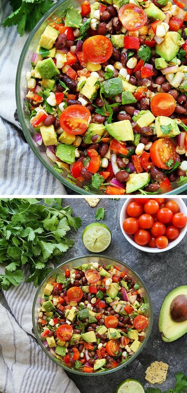 Easy Black Bean Salad with corn, avocado, tomatoes, red pepper, cilantro, and lime. The perfect summer side dish to any meal! You can also serve it as a dip with tortilla chips! isit twopeasandtheirpod.com for more simple, fresh, and family friendly meals. #familyfreshmeals #familyfriendlymeals