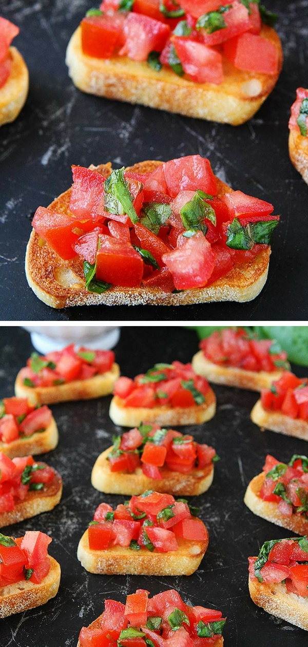 Easy Bruschetta is the perfect appetizer for any party! #tomato #basil #bruschetta #bread #vegetarian #vegan #summer #easyrecipe #appetizer Visit twopeasandtheirpod.com for more simple, fresh, and family friendly meals. #familyfriendlymeals