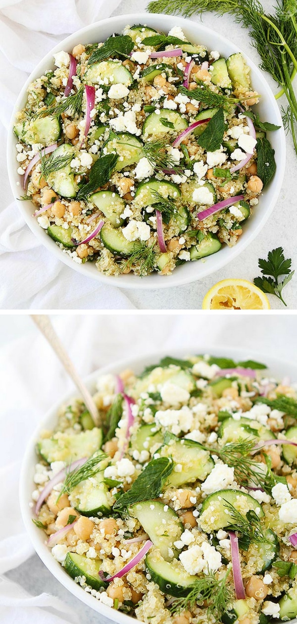 This simple and fresh Cucumber Quinoa Salad is the perfect side dish to any meal. It is gluten-free, vegetarian, and so good! #salad #quinoa #chickpeas #glutenfree #vegetarian #cucumber #summer #easyrecipe #healthyrecipe Visit twopeasandtheirpod.com for more simple, fresh, and family friendly meals. #familyfriendlymeals
