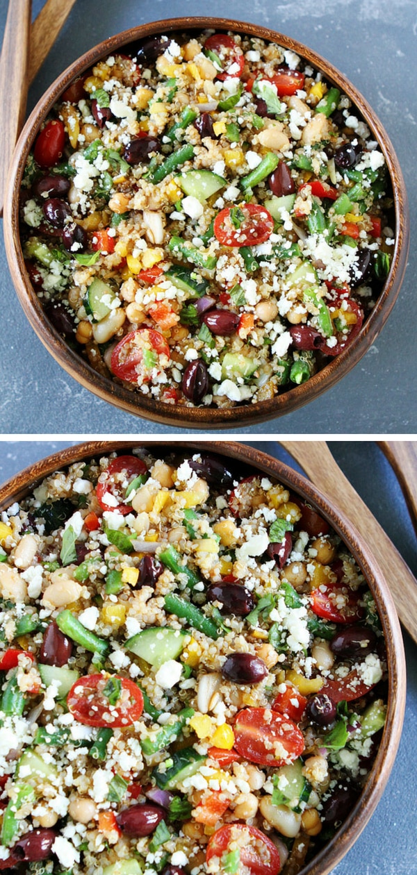 This Mediterranean salad has three types of beans-green beans, garbanzo beans, and white cannellini beans, along with the quinoa. It also has cucumbers, tomatoes, bell peppers, red onion, kalamata olives, feta cheese, and fresh basil. You will love all of the color and flavors. Visit twopeasandtheirpod.com for more simple, fresh, and family friendly meals. #quinoa #healthy #heathyeating #healthyrecipes