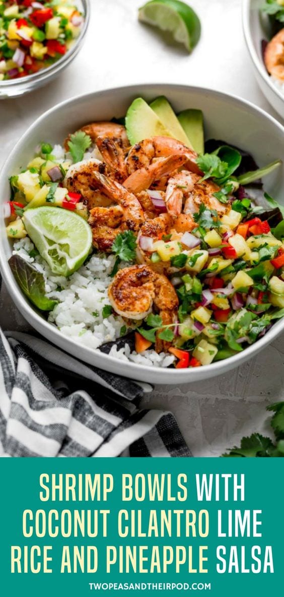 Shrimp Bowls With Coconut Cilantro Lime Rice And Pineapple Salsa Can Be On The Dinner Table In 30 Minutes! This Refreshing And Simple Meal Is A Summer Favorite! Visit twopeasandtheirpod.com for more simple, fresh, and family friendly meals. #shrimp #recipe #bowls #glutenfree #salsa #dinner #easydinner #shrimprecipe #healthyrecipe #easyrecipe