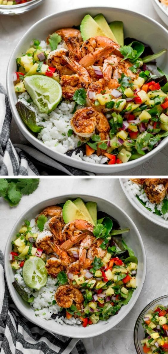 A super easy weeknight dinner that only takes 30 minutes to make, start to finish. This fresh and simple recipe is a favorite during the summer or any time! Visit twopeasandtheirpod.com for more simple, fresh, and family friendly meals. #shrimp #recipe #bowls #glutenfree #salsa #dinner #easydinner #shrimprecipe #healthyrecipe #easyrecipe