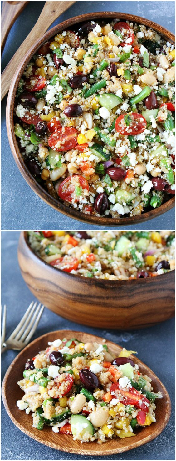 Mediterranean Three Bean Quinoa Salad – this protein-packed Mediterranean salad is full of flavor and great served as a main dish or side dish. Visit twopeasandtheirpod.com for more simple, fresh, and family friendly meals. #quinoa #healthy #heathyeating #healthyrecipes