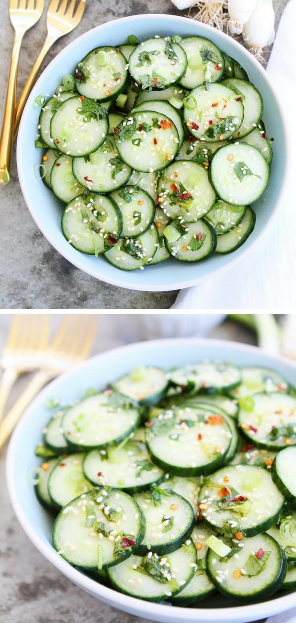 This easy and healthy Asian Cucumber Salad only takes minutes to make. It is a great side dish to any meal. #cucumber #salad #healthy #healthyeating Visit twopeasandtheirpod.com for more simple, fresh, and family friendly meals. #familyfriendlymeals