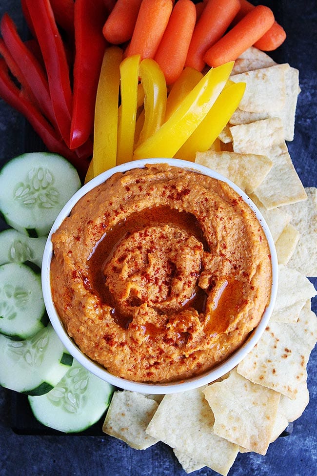 Easy Chipotle Hummus with vegetables and chips