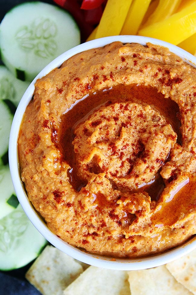 Chipotle Hummus with olive oil and paprika in bowl