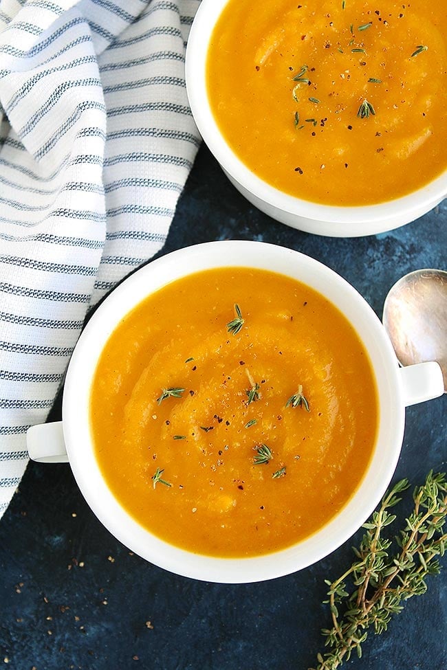 Easy Butternut Squash Soup in bowl with thyme