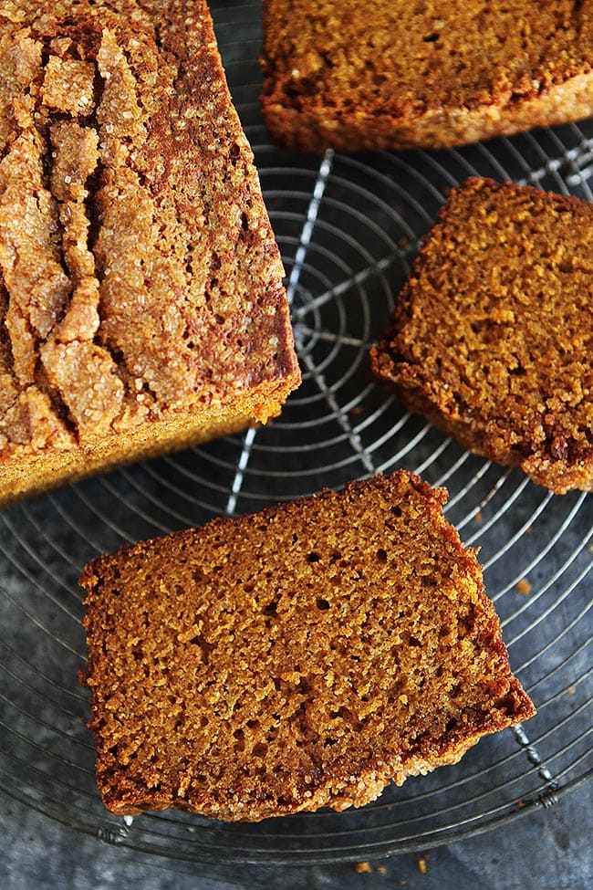 Pumpkin Bread slices on wire cooling rack.