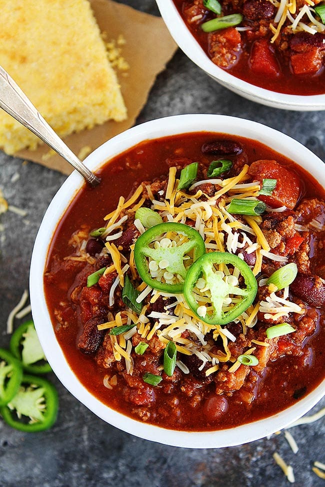 beef chili in bowl with spoon. 