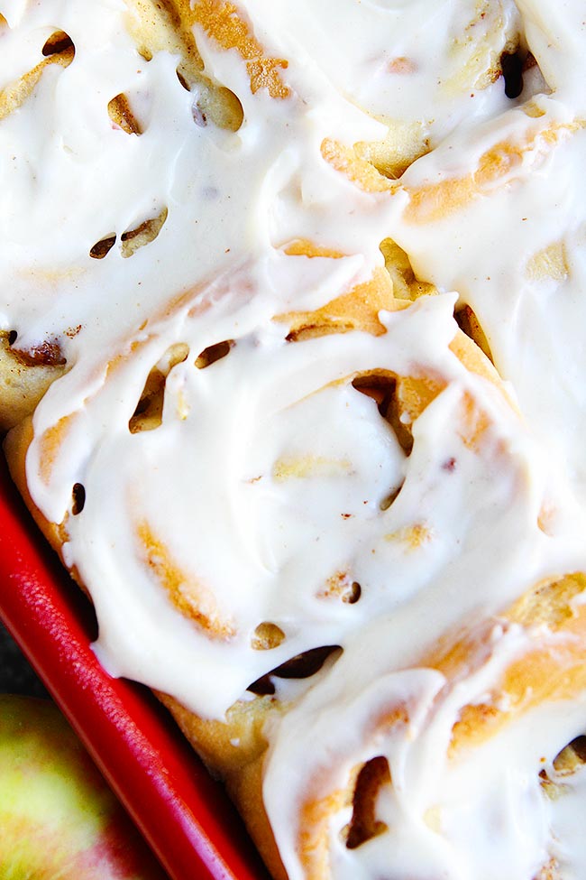 Apple Cinnamon Rolls with frosting in pan