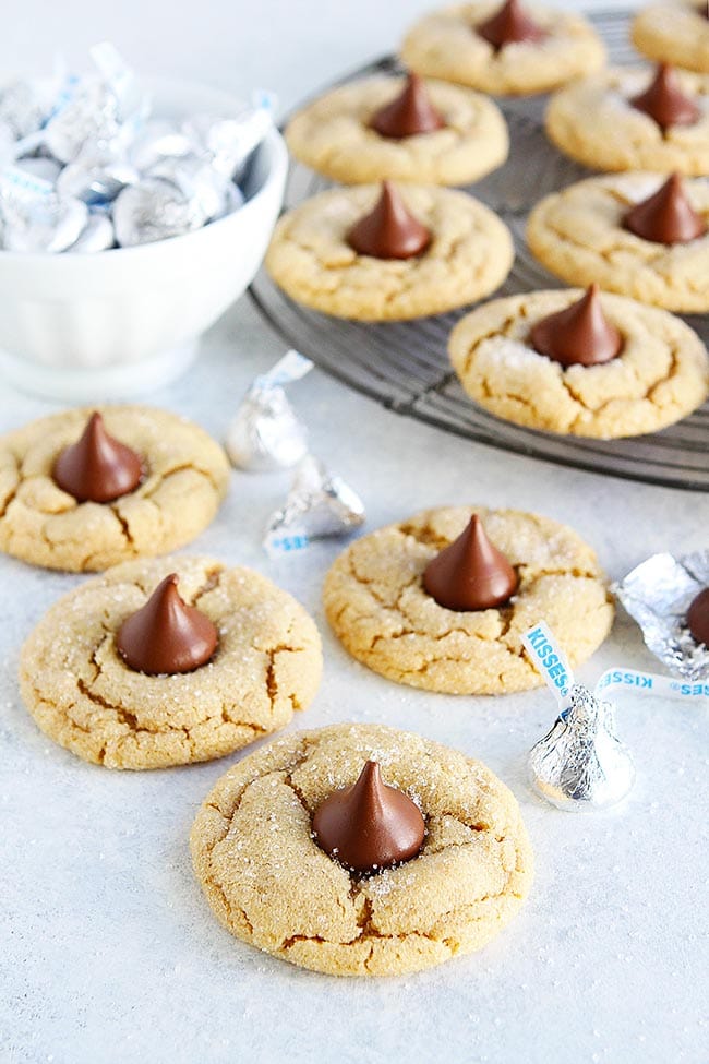 Peanut Butter Blossoms Cookies with Hershey's Kisses in the center. 