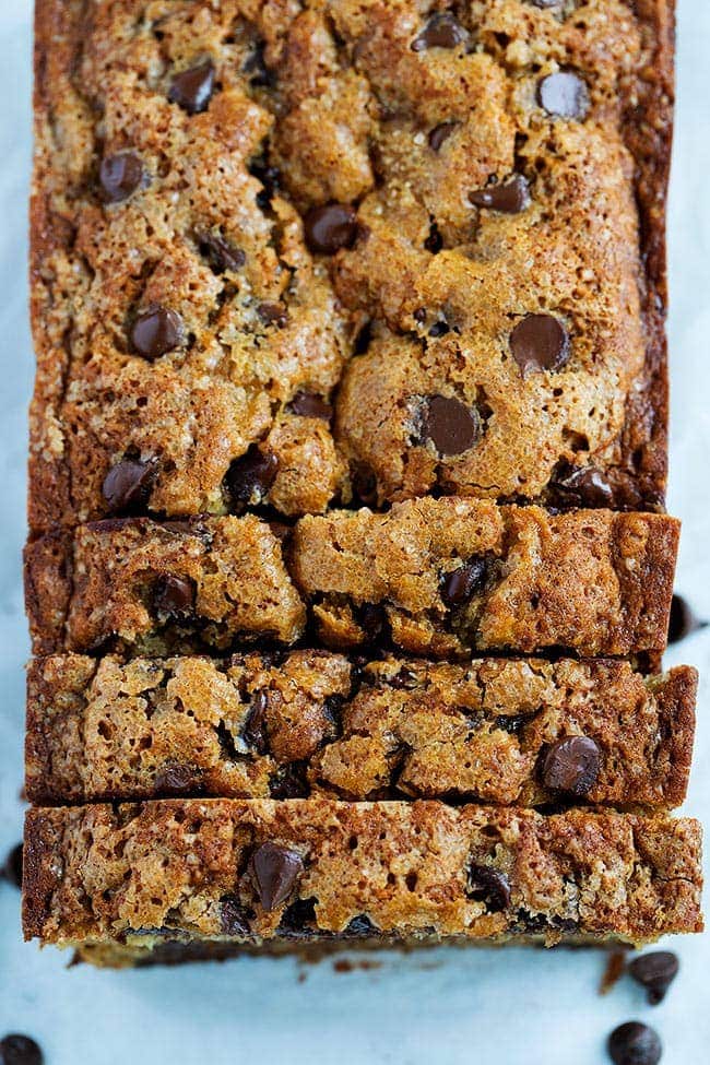 A loaf of chocolate chip banana bread, with three pieces cut at the end of the loaf, but still in line with the loaf.