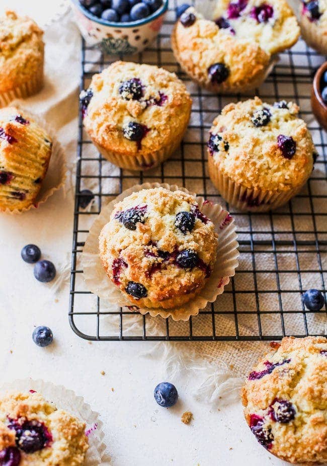 blueberry muffins on cooling rack. 