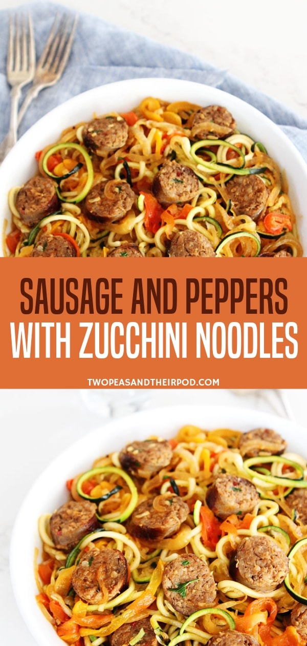 A sweet and spicy Italian sausage and peppers with zucchini noodles! Topped with inpiralized onions and garlic tomato sauce, this recipe is very flavorful. Your kids and family will surely love this summer recipe with sausage!