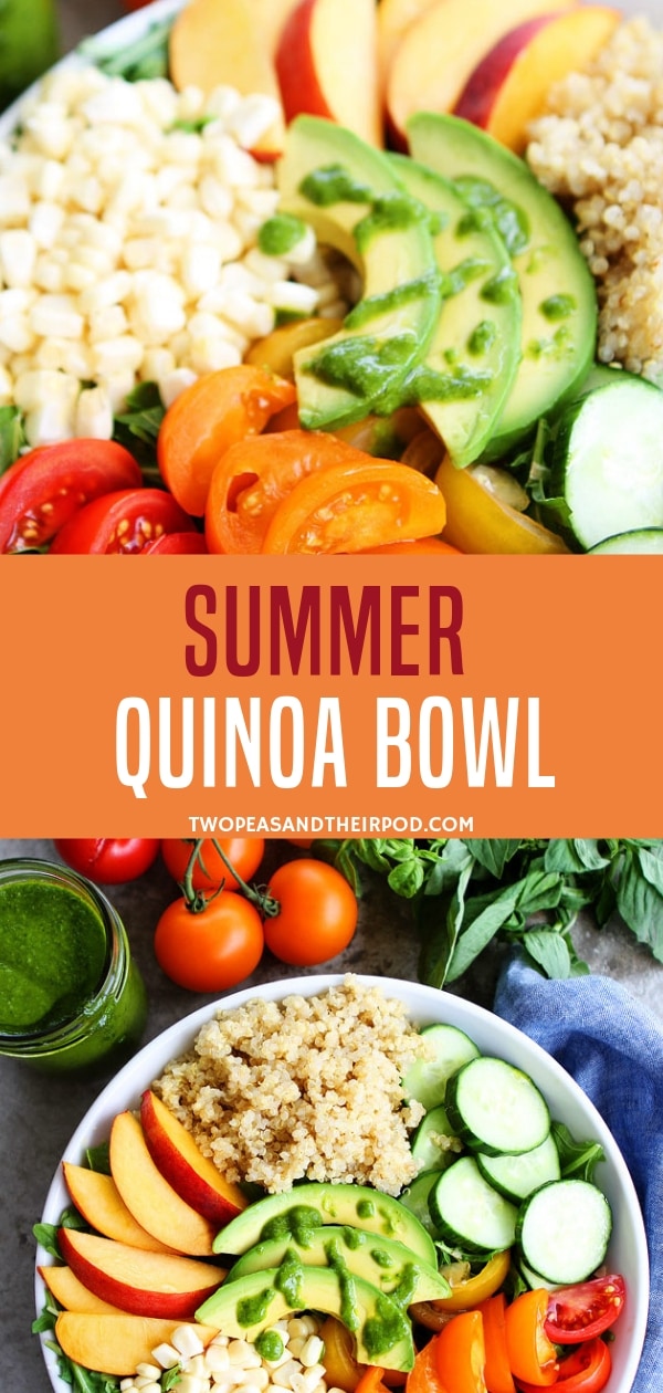 This simple easy quinoa salad lunch idea would make your day extraordinary! Ready in 15 minutes, this is also a perfect quinoa bowl for vegetarian dinners. It is really flavorful with basil vinaigrette dressing! Save this pin for later!