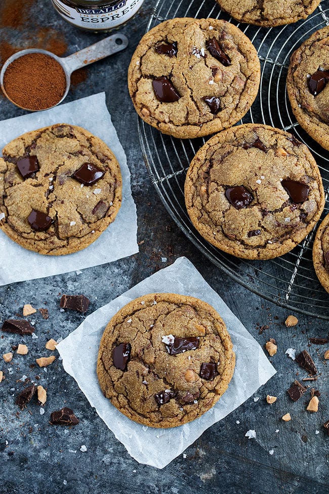 Espresso Toffee Chocolate Chip Cookies with flaky sea salt