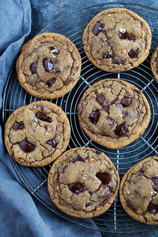 Espresso Toffee Chocolate Chip Cookies on cooling rack 