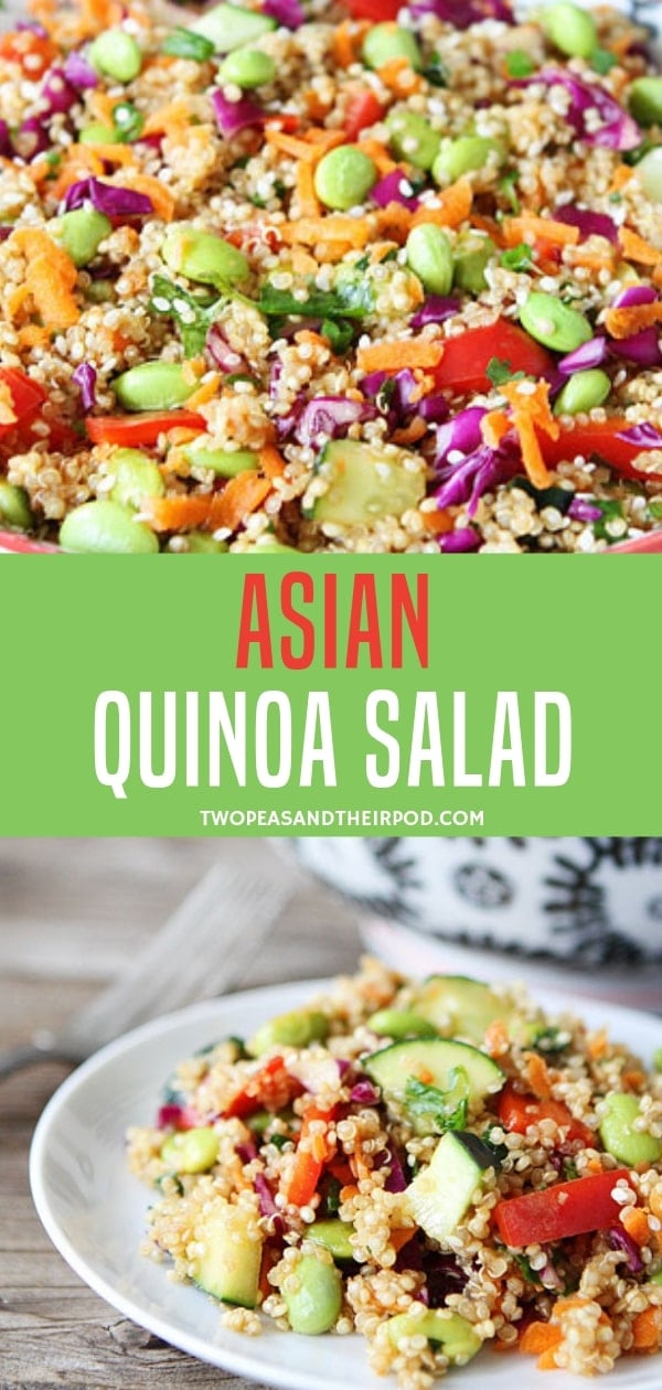 A delicious and healthy salad bowl filled with red cabbage, carrots, cucumber, red pepper, and cilantro. Include this Asian quinoa recipe in your signature dishes for family bondings! Try it with tamari soy sauce to be gluten-free!