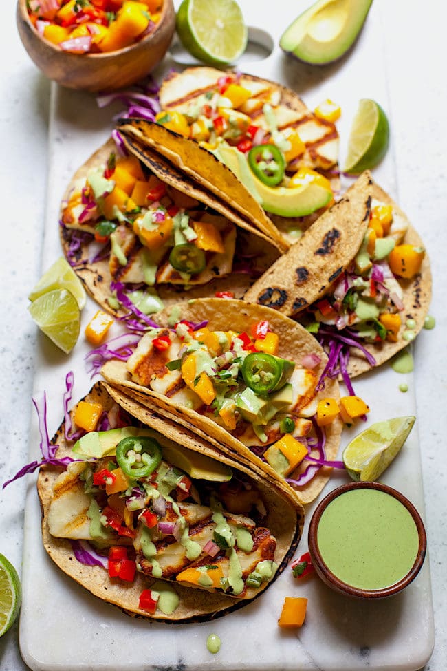 Halloumi Tacos in corn tortillas with creamy cilantro lime dressing. 