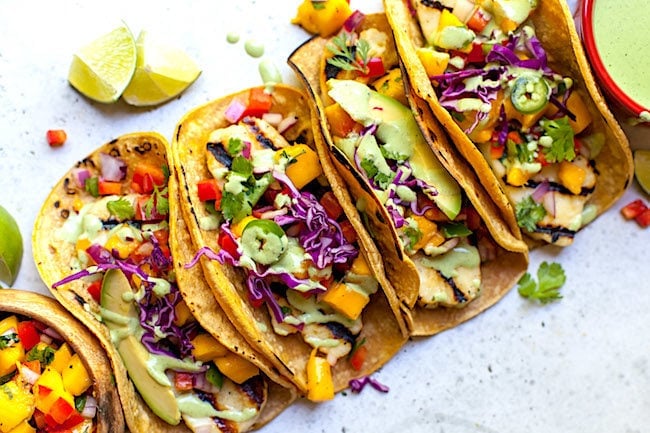 Halloumi Tacos with mango salsa and cabbage. 