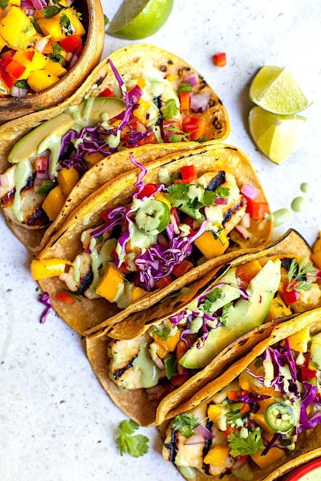 Grilled Halloumi Tacos with mango salsa and avocado.