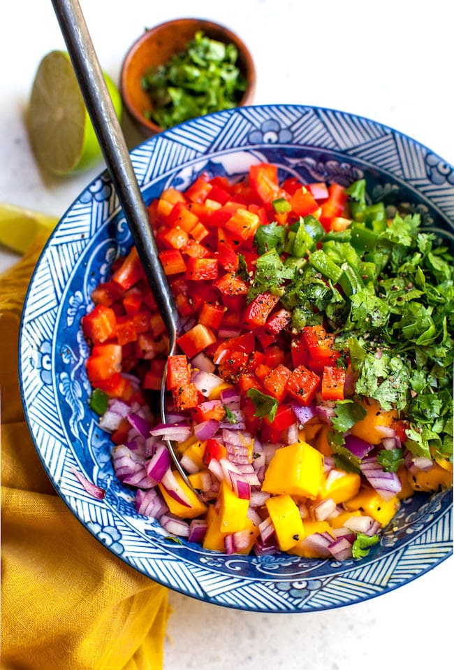 Mango Salsa ingredients in bowl with spoon.