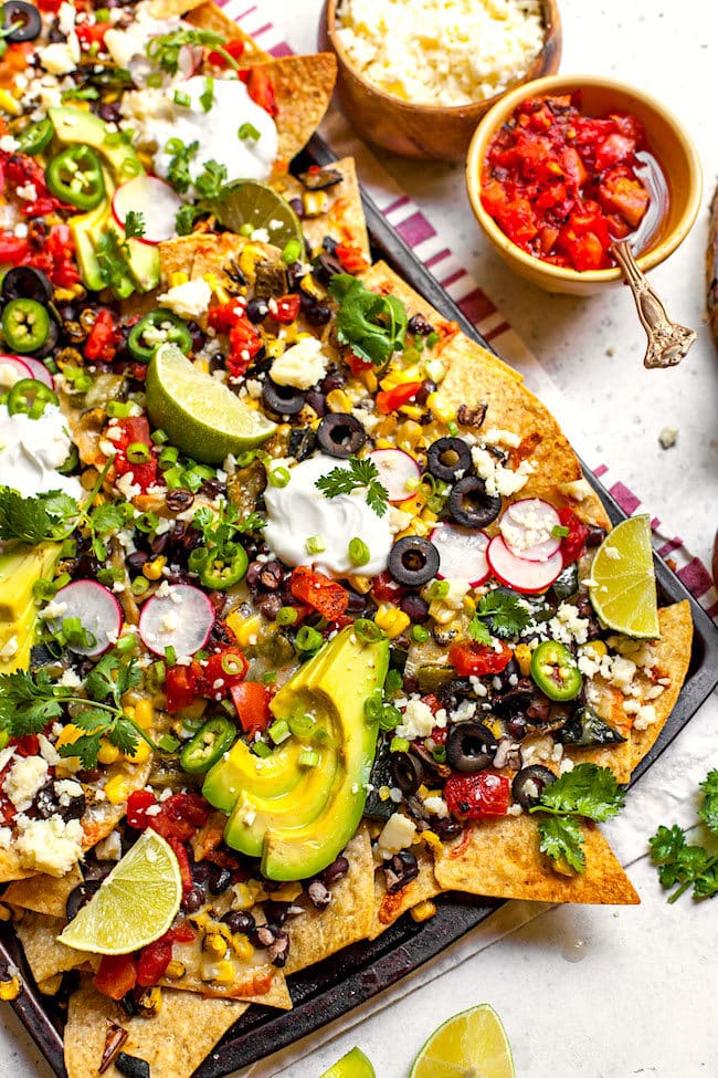 Sheet Pan Charred Corn Poblano Nachos