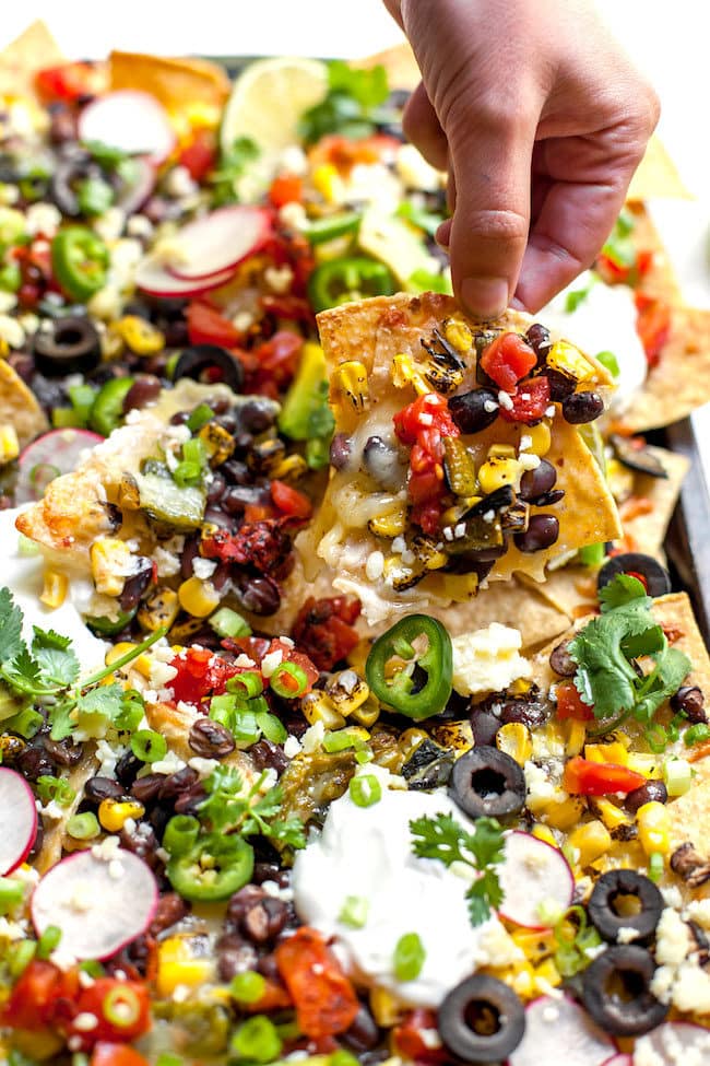 Sheet Pan Nachos with Charred Corn Poblanos and Black Beans