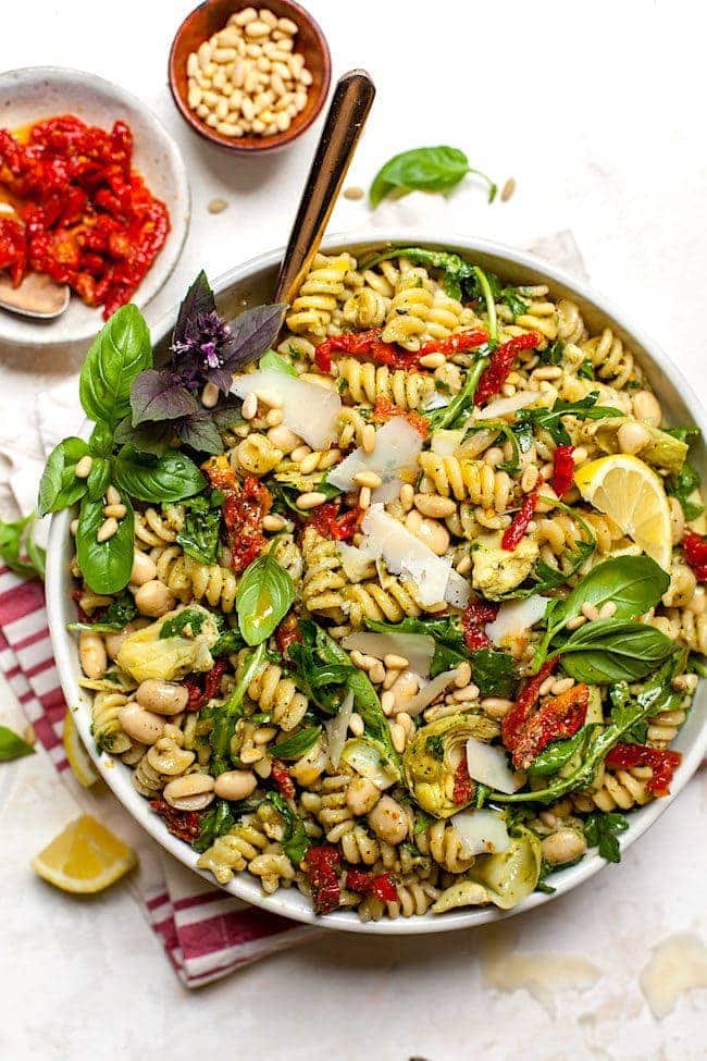 Sun-Dried Tomato, White Bean, and Artichoke Pesto Pasta Salad