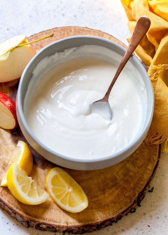 Creamy Lemon Dressing in bowl for Apple Pecan Salad.