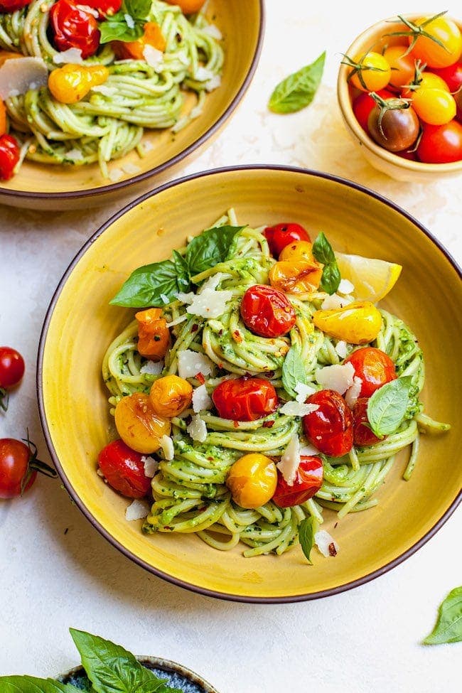 Creamy Avocado Pesto Pasta with Blistered Tomatoes - Two Peas &amp; Their Pod