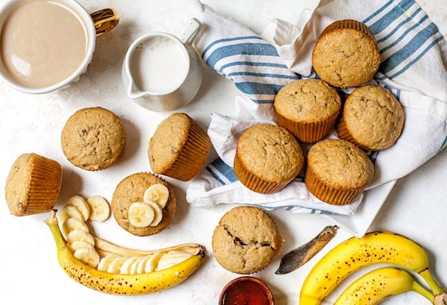 Easy Banana Muffins on tea towel. 