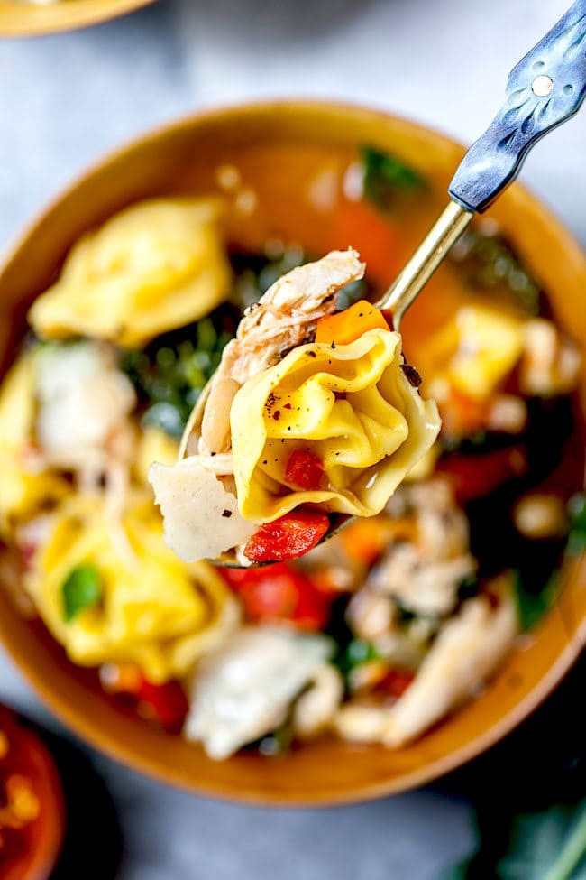 Tuscan Chicken Tortellini Soup in bowl