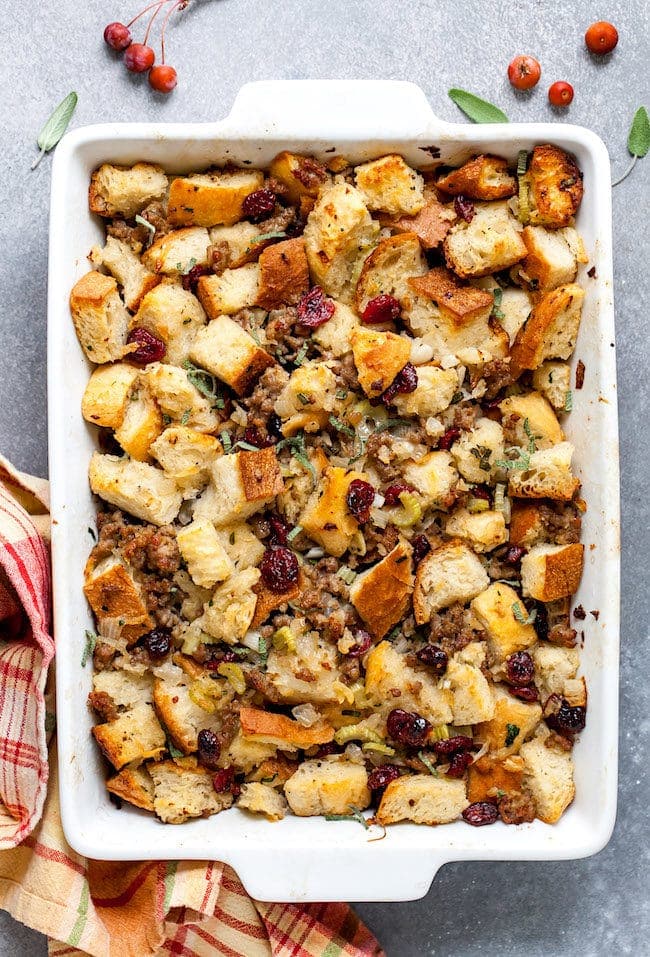 Sausage Stuffing Recipe in pan with spoon