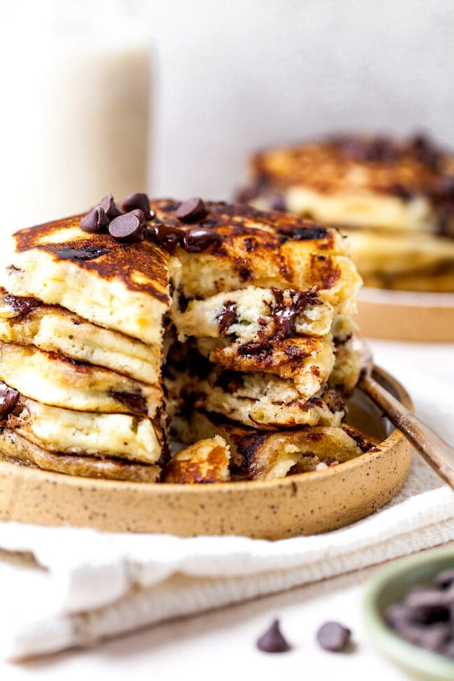 stack of Chocolate Chip Pancakes cut into 