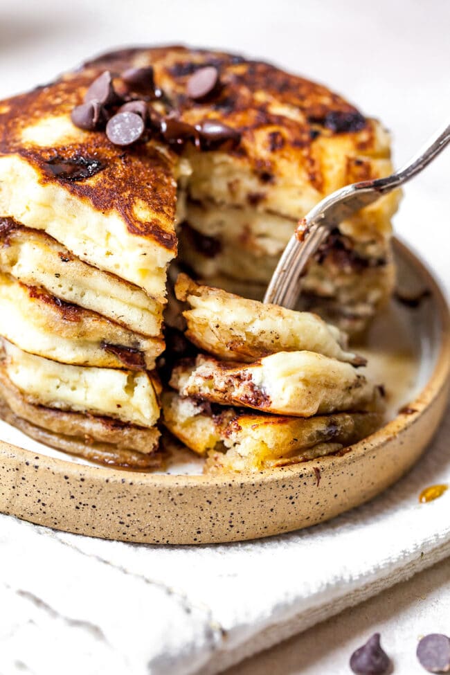 stack of Chocolate Chip Pancakes with a fork