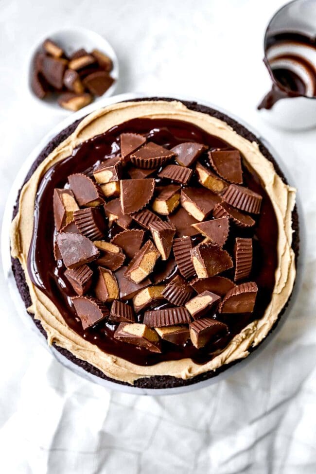 Peanut Butter Flourless Chocolate Cake with peanut butter cups