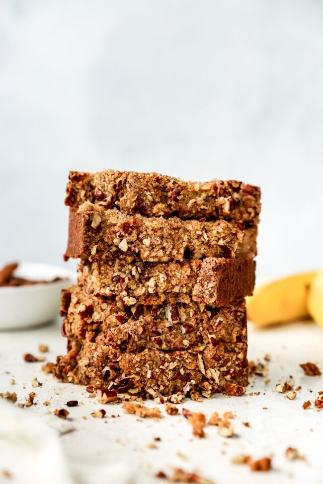 stack of banana nut bread slices. 