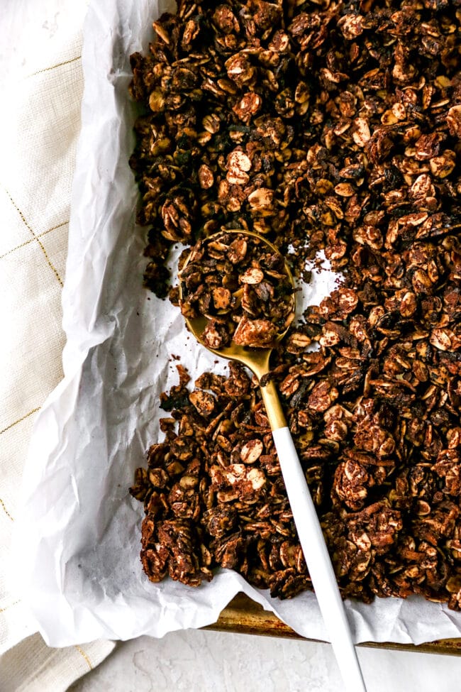 Chocolate Peanut Butter Granola on baking sheet