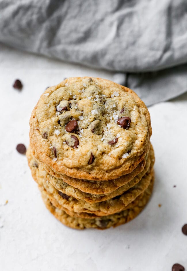 top down view of a stack of Doubletree Chocolate Chip Cookies.