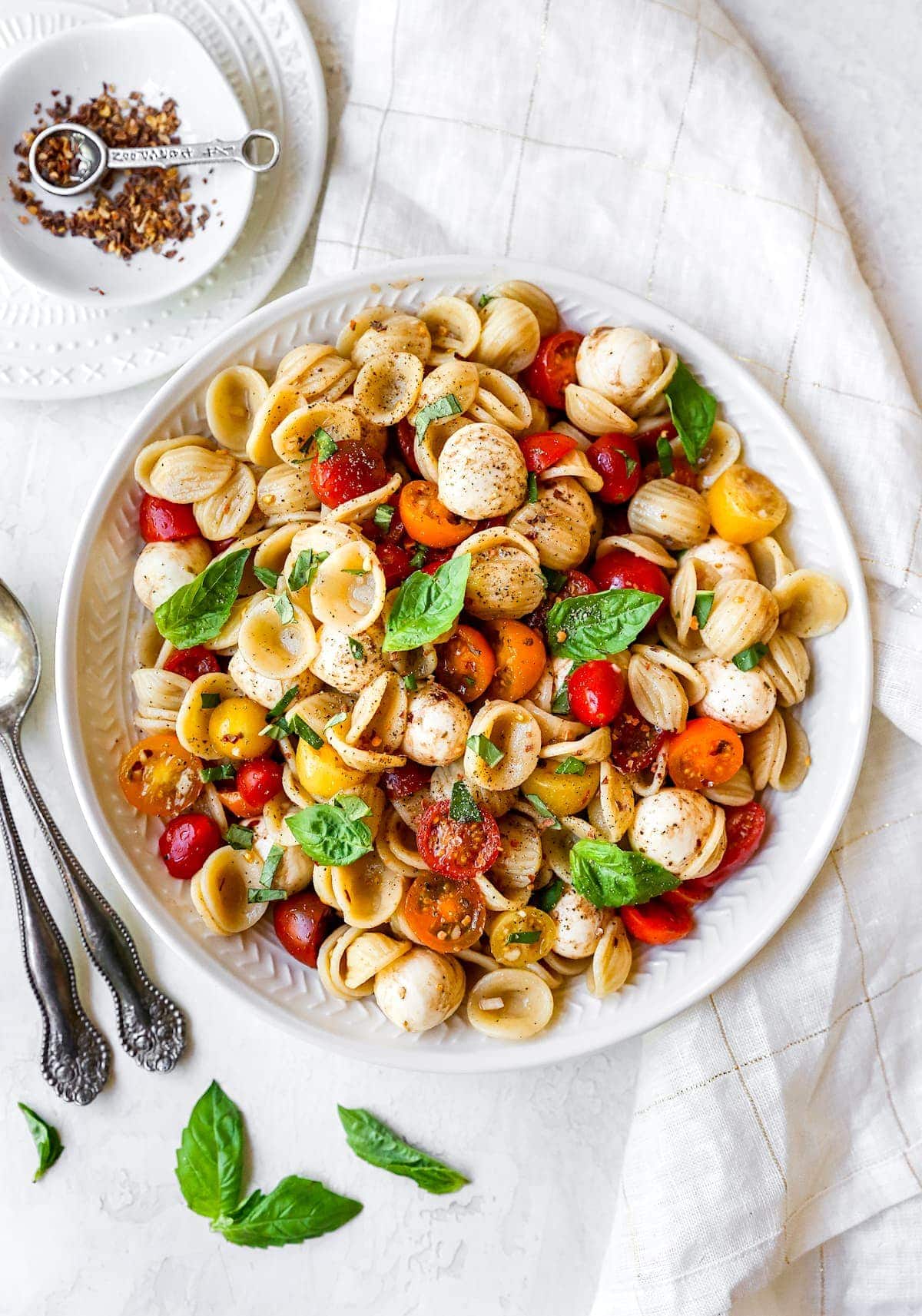 Caprese Pasta Salad in bowl.