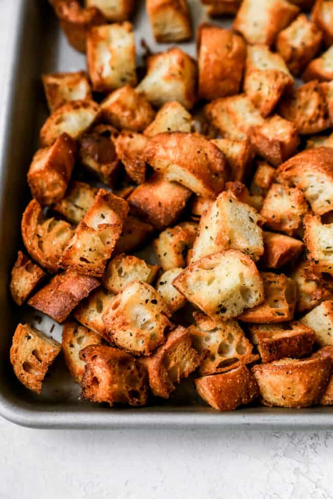 Panzanella Salad croutons on sheet pan