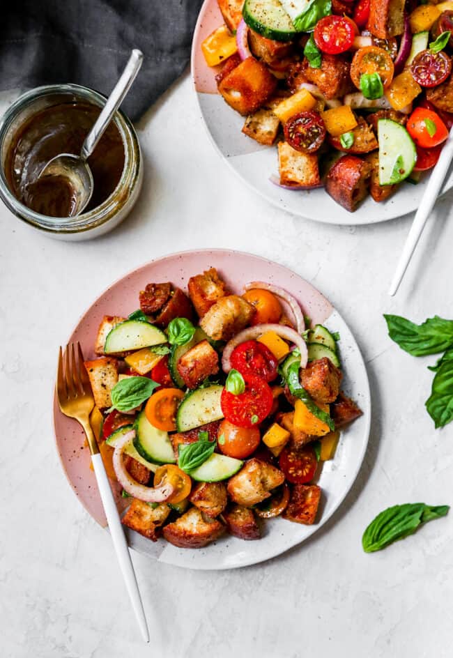 Panzanella on a plate with fork