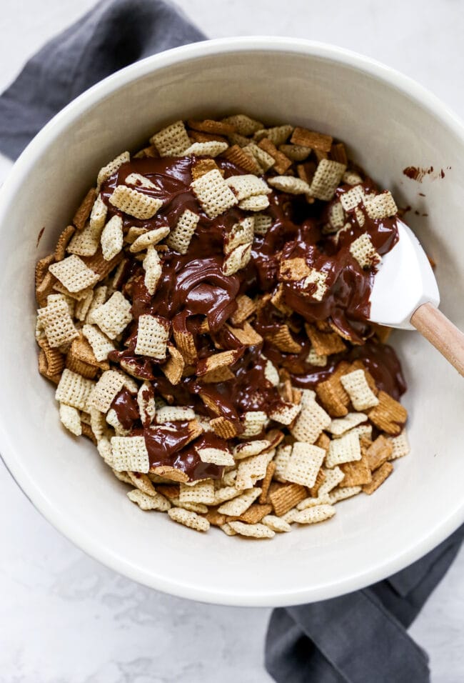 S'mores Puppy Chow mixing in bowl