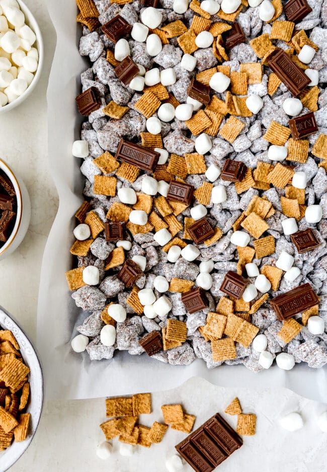 S'mores Puppy Chow on pan 