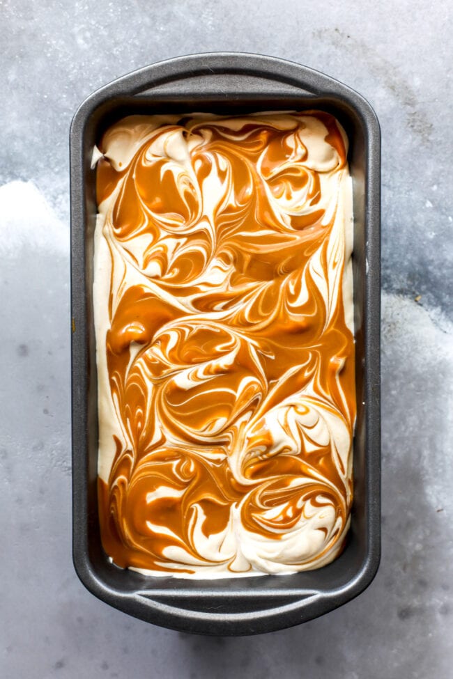 No Churn Biscoff Ice Cream swirled in pan