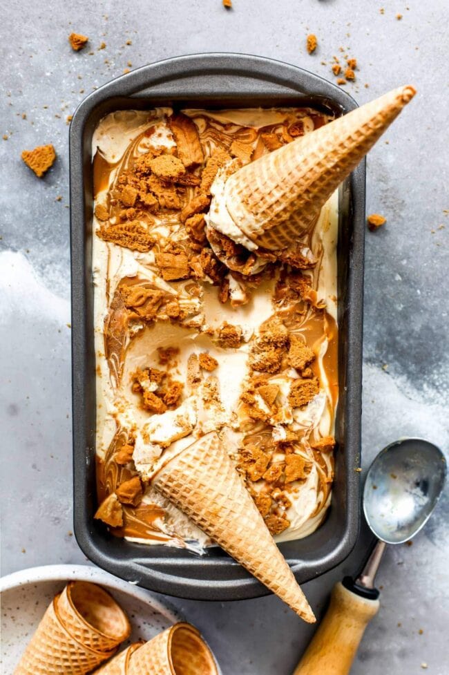 No Churn Biscoff Ice Cream with cones